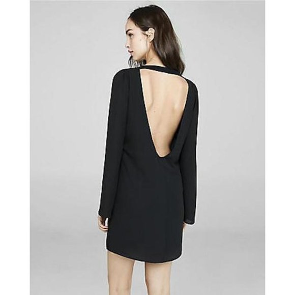 Express Women Velvet Burnout Deep V-Back Long Sleeve Dress Geometric Black SZ XS - Picture 2 of 10